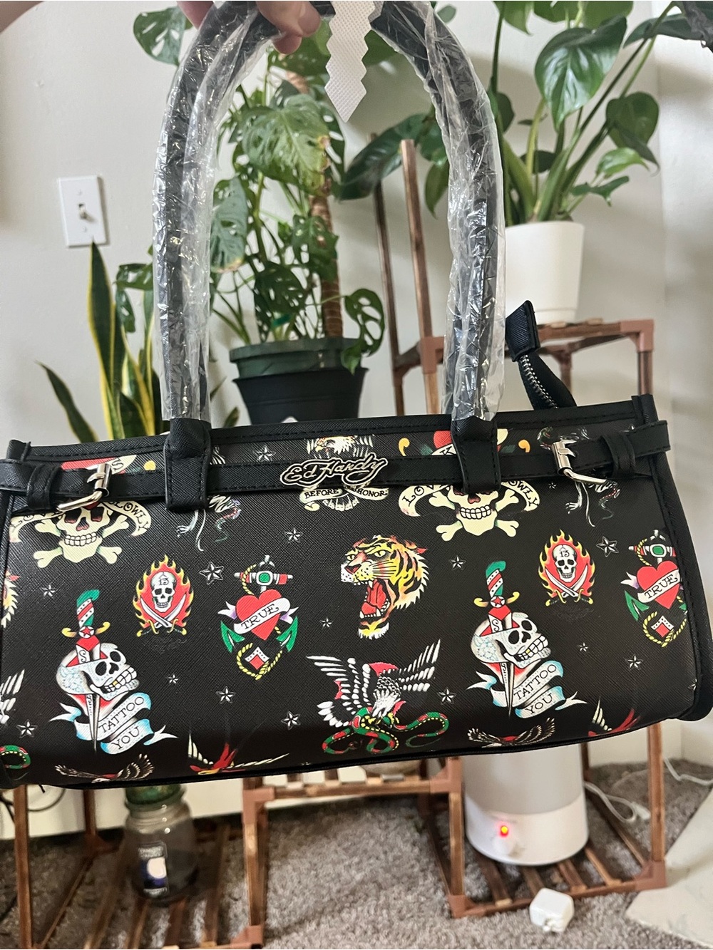 Ed Hardy Black Shoulder Bag with Red, Yellow, Green and White Tattoo Prints